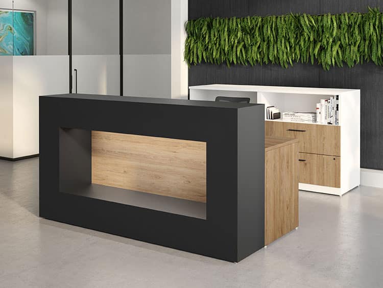 A modern reception desk and furniture options.