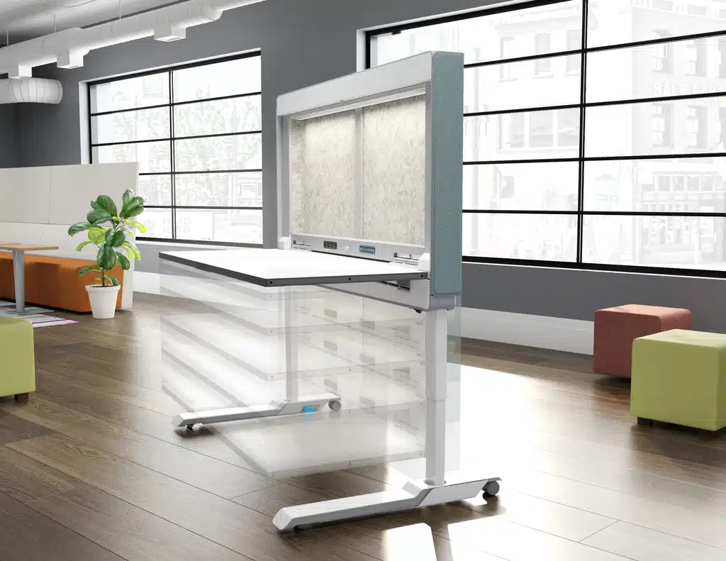 The Amobi height adjustable desk with a front panel.