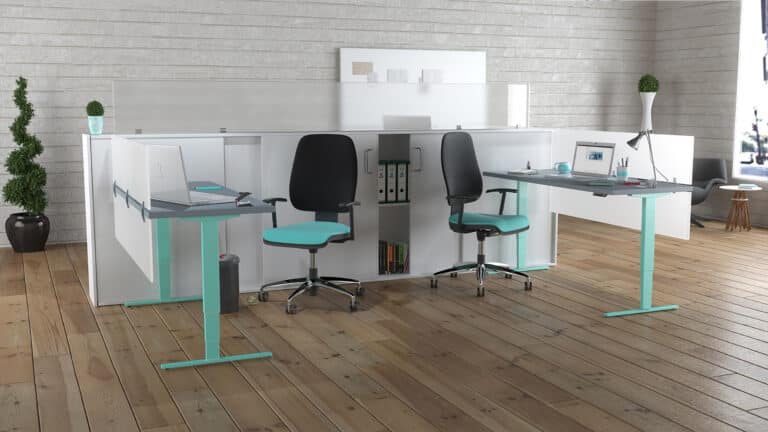 The Special T Patriot height adjustable desk with screens.